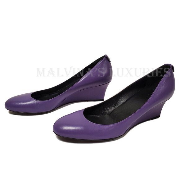 GUCCI SHOES PURPLE LEATHER LOGO SIGNATURE HARDWARE WEDGE IT 39.5 / US 9.5 - Picture 3 of 12